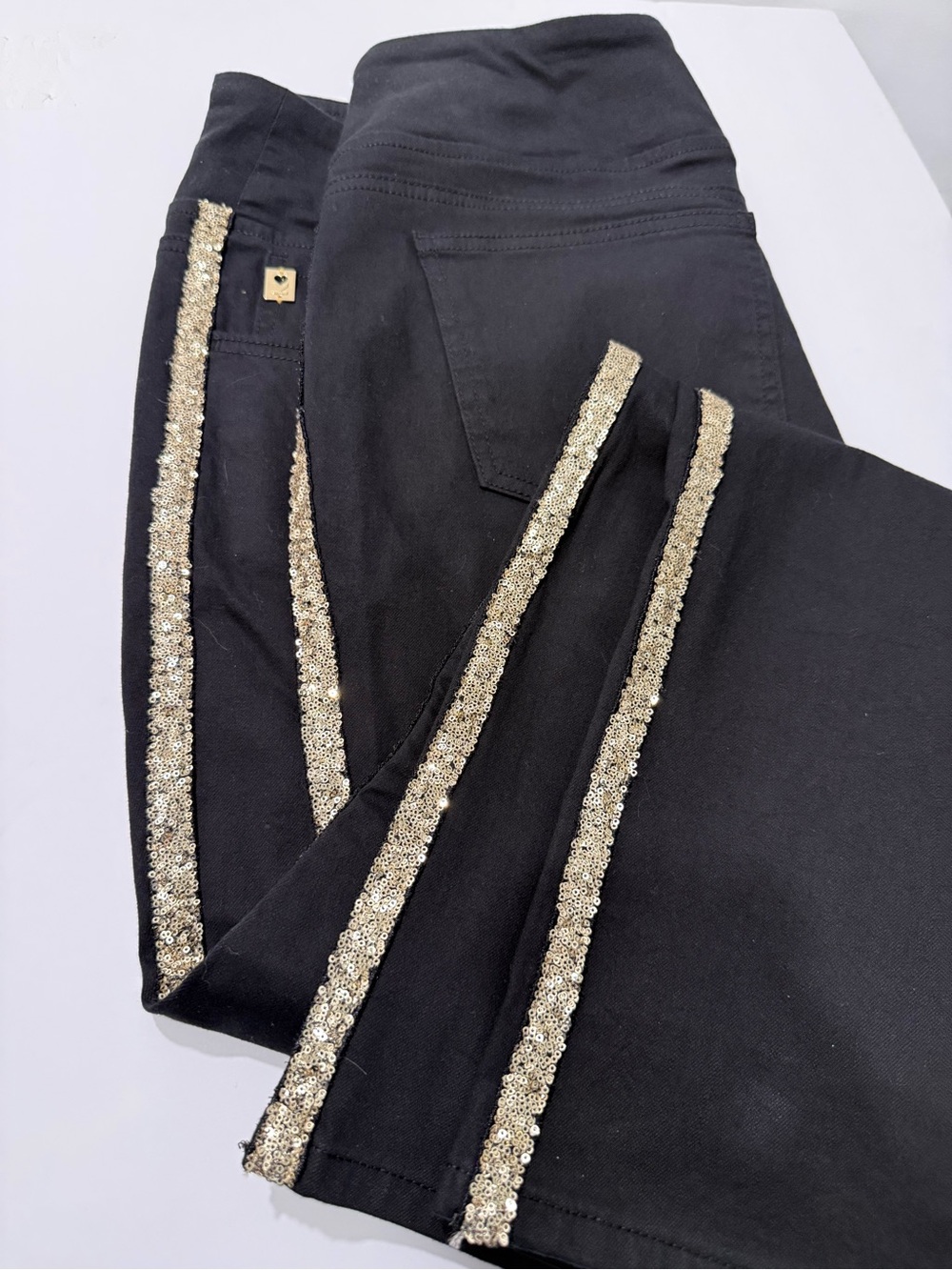 Belle by Kim Gravel Black Boot Cut Jeans with Gold Sequin Side Stripes